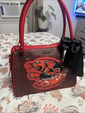 Ed Hardy Red and Black Embroidered Tiger Tote with Bow